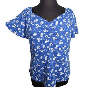 Lane Bryant Women's Blue Daisy Print Flutter Sleeve Shirt Plus Size 18-20